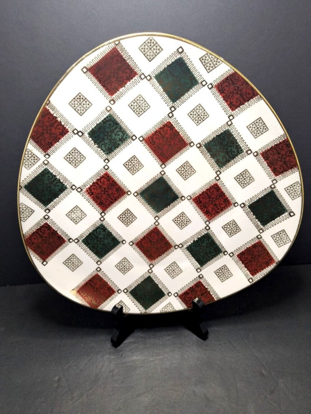 Vintage Bavaria Porcelain Guitar Pick Shaped Plate Red Green Gold Pattern 1950s